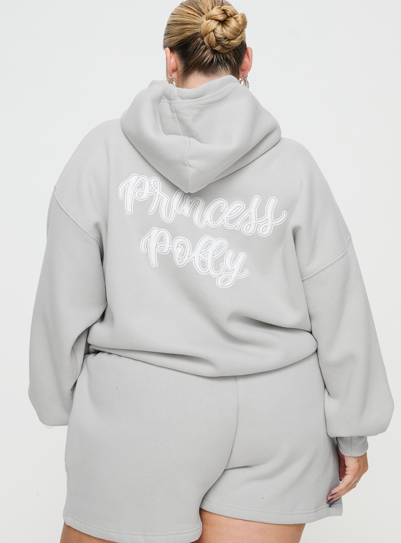 Princess Polly Hooded Sweatshirt Puff Text Grey Curve